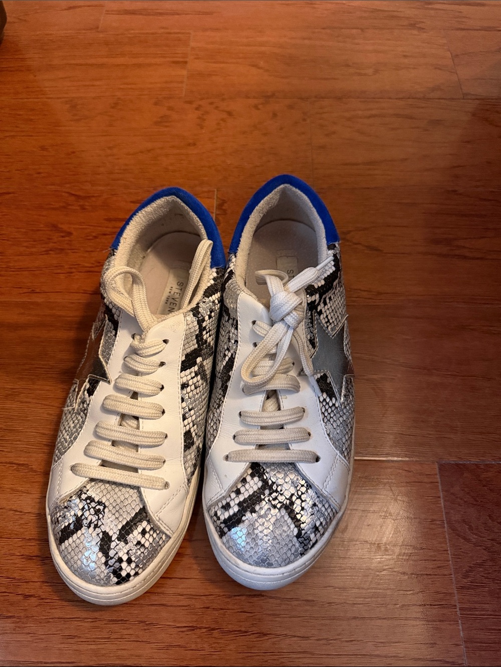 Women's Snake-Print Leather Sneakers with Blue Trim